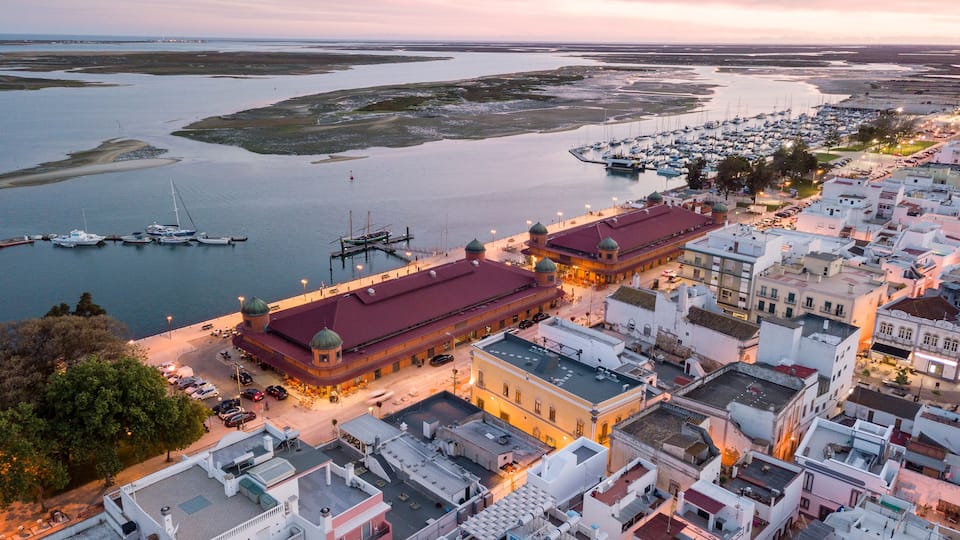 A coastal town with a marina, historic buildings, and a waterfront promenade.