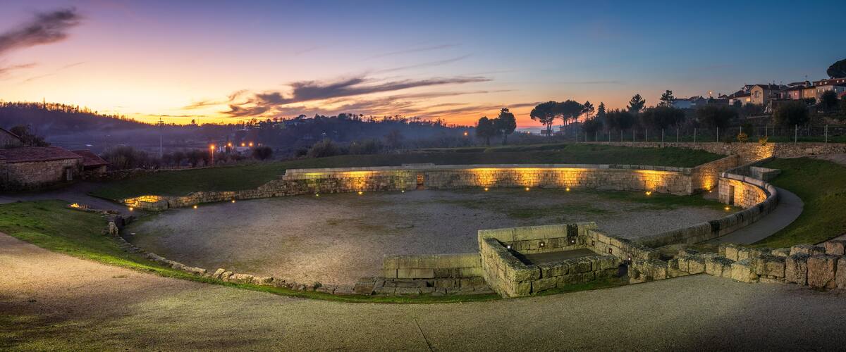 Panoramic view of the Roman Amphitheater of Bobadela, Oliveira do Hospital, Portugal, at sunset.