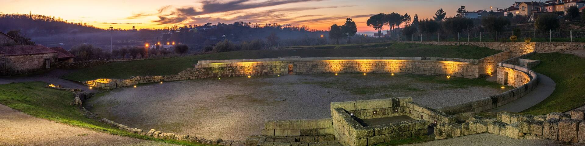 Panoramic view of the Roman Amphitheater of Bobadela, Oliveira do Hospital, Portugal, at sunset.