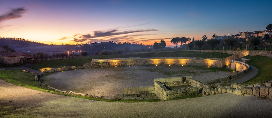 Panoramic view of the Roman Amphitheater of Bobadela, Oliveira do Hospital, Portugal, at sunset.