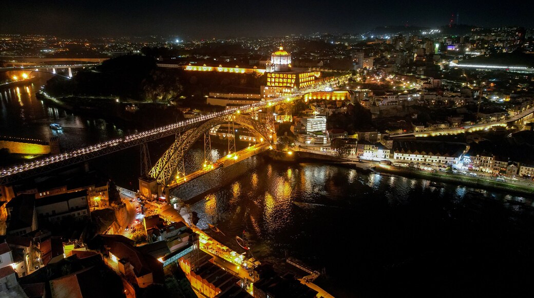 Aerial view of Dom Luis I Bridge and Douro River at night