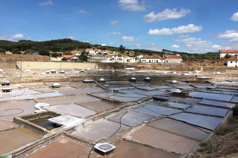 Ein Salzbecken mit mehreren rechteckigen Becken, umgeben von Wohngebäuden und einer hügeligen Landschaft im Hintergrund.