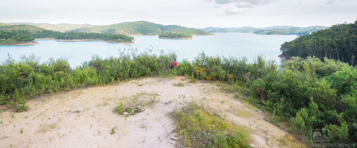 A lake surrounded by hills and dense forest.