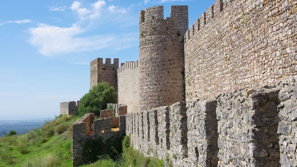 A medieval stone wall with crenellations and a tower.