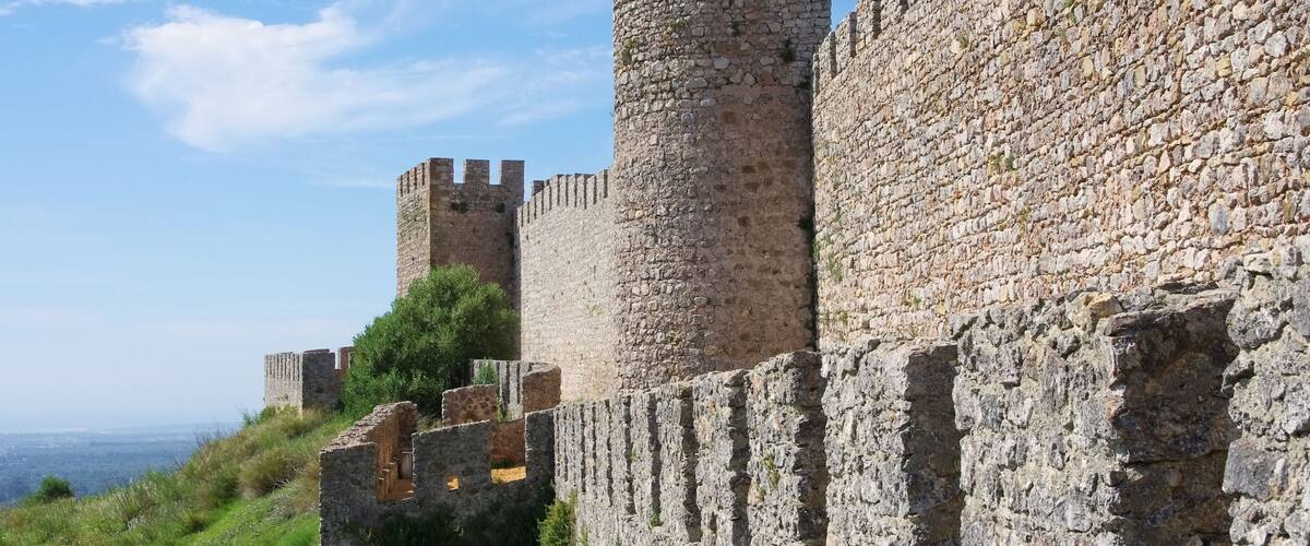 A medieval stone wall with crenellations and a tower.