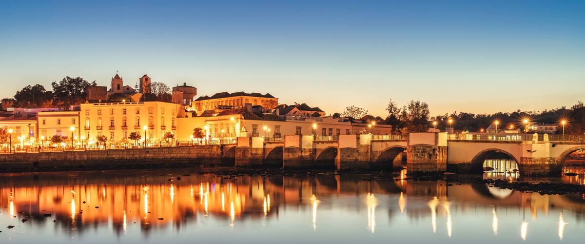 panoramic view from the river of the Tavira old town in the Algarve, Portuga.