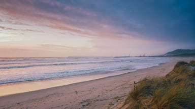 Waves crashing on the shore of rodanho beach at sunrise with pastel colored sky and industrial cranes in viana do castelo, portugal
