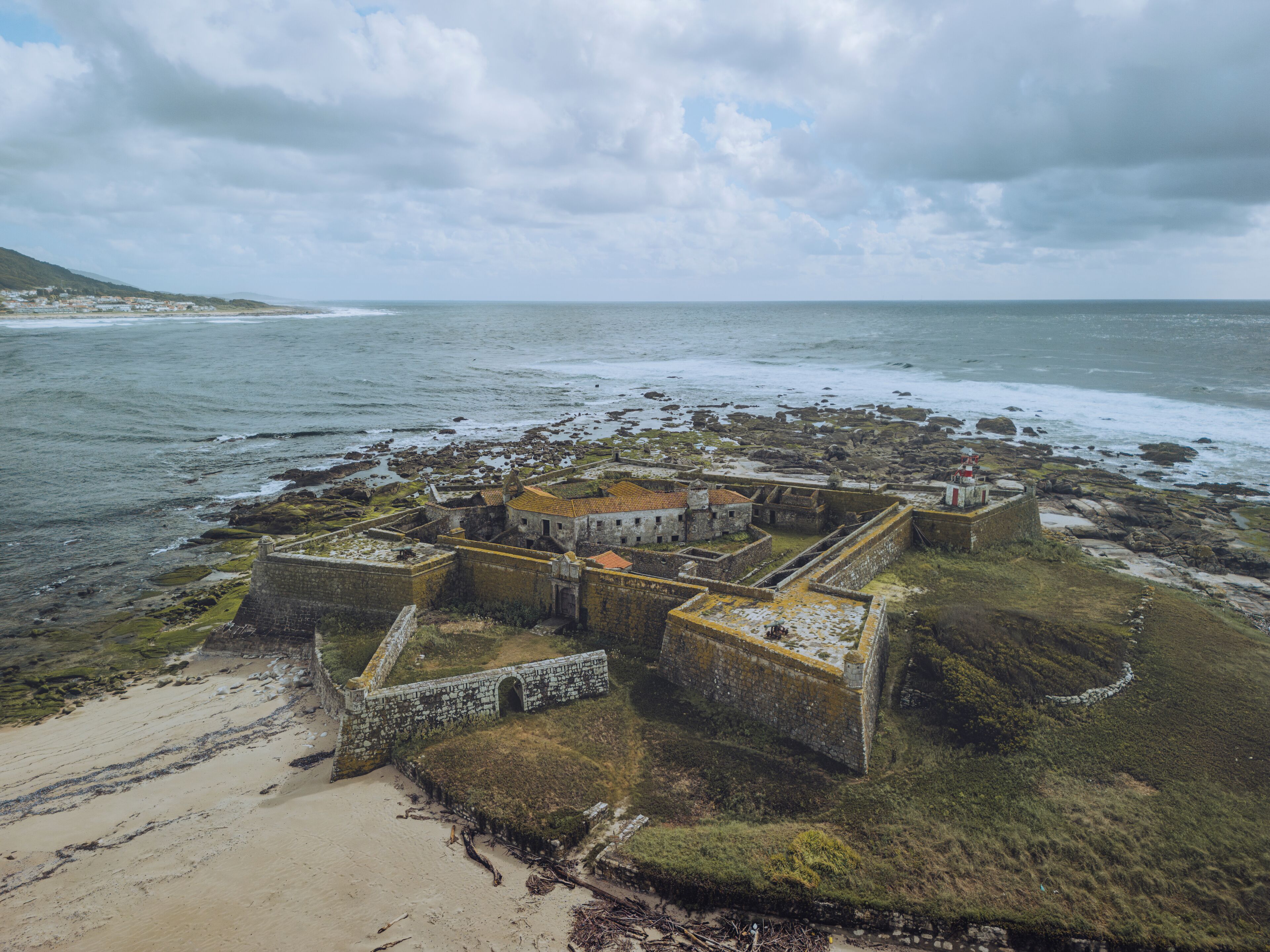 Aerial view of coastal fortress Forte da Insua, Cristelo, Viana do Castelo, Portugal.