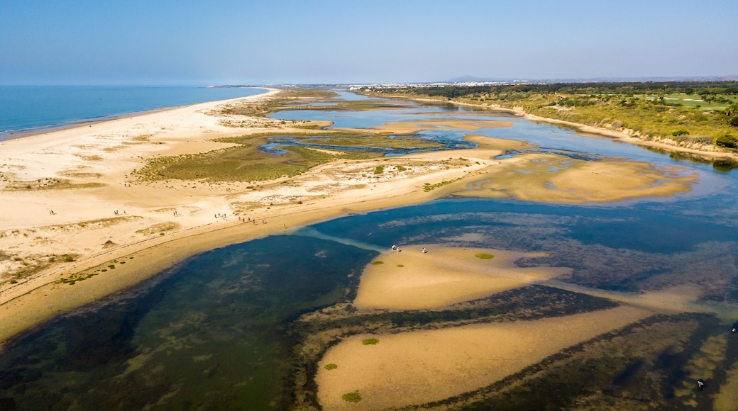 Aerial. View from the sky of the beach of Fabrica Cancela Velha, Vila Real Santo Antonio. Portugal Algarve