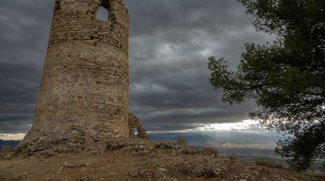 View of the medieval tower of Albolote (Spain) next to a tree on a stormy day