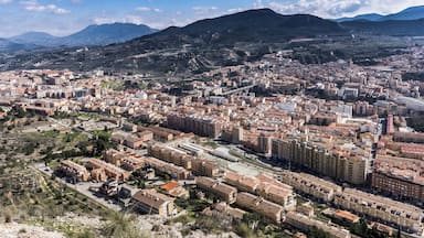 A cityscape with a mountainous backdrop, featuring dense urban buildings and a prominent bridge.