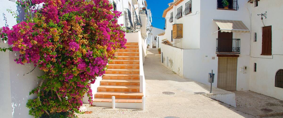 A narrow street with white buildings, a staircase, and vibrant pink bougainvillea.