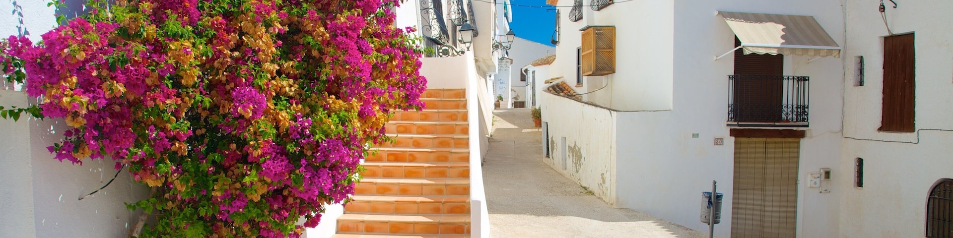 A narrow street with white buildings, a staircase, and vibrant pink bougainvillea.