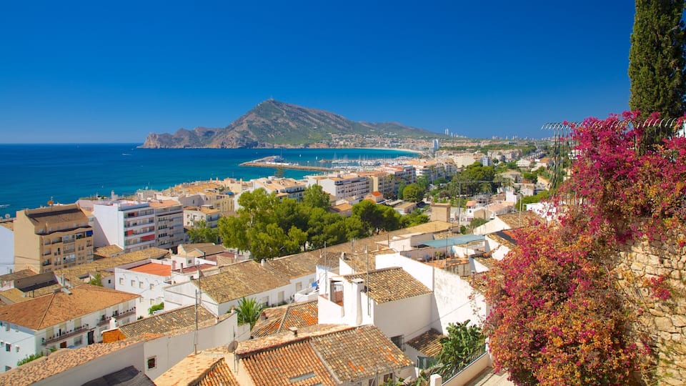 A coastal town with buildings, a mountain, and a clear blue sea.