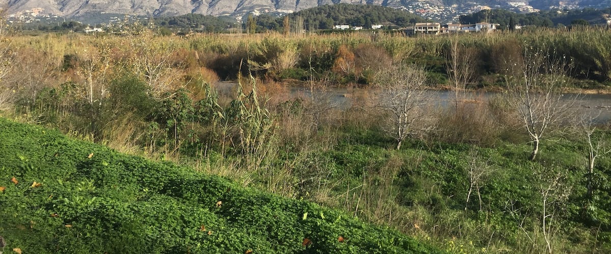 A mountainous landscape with a river in the foreground and a town in the background.