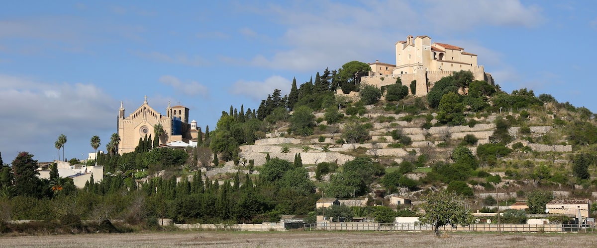 A hilltop church with a bell tower and a castle-like structure on a hill with trees and a clear sky.