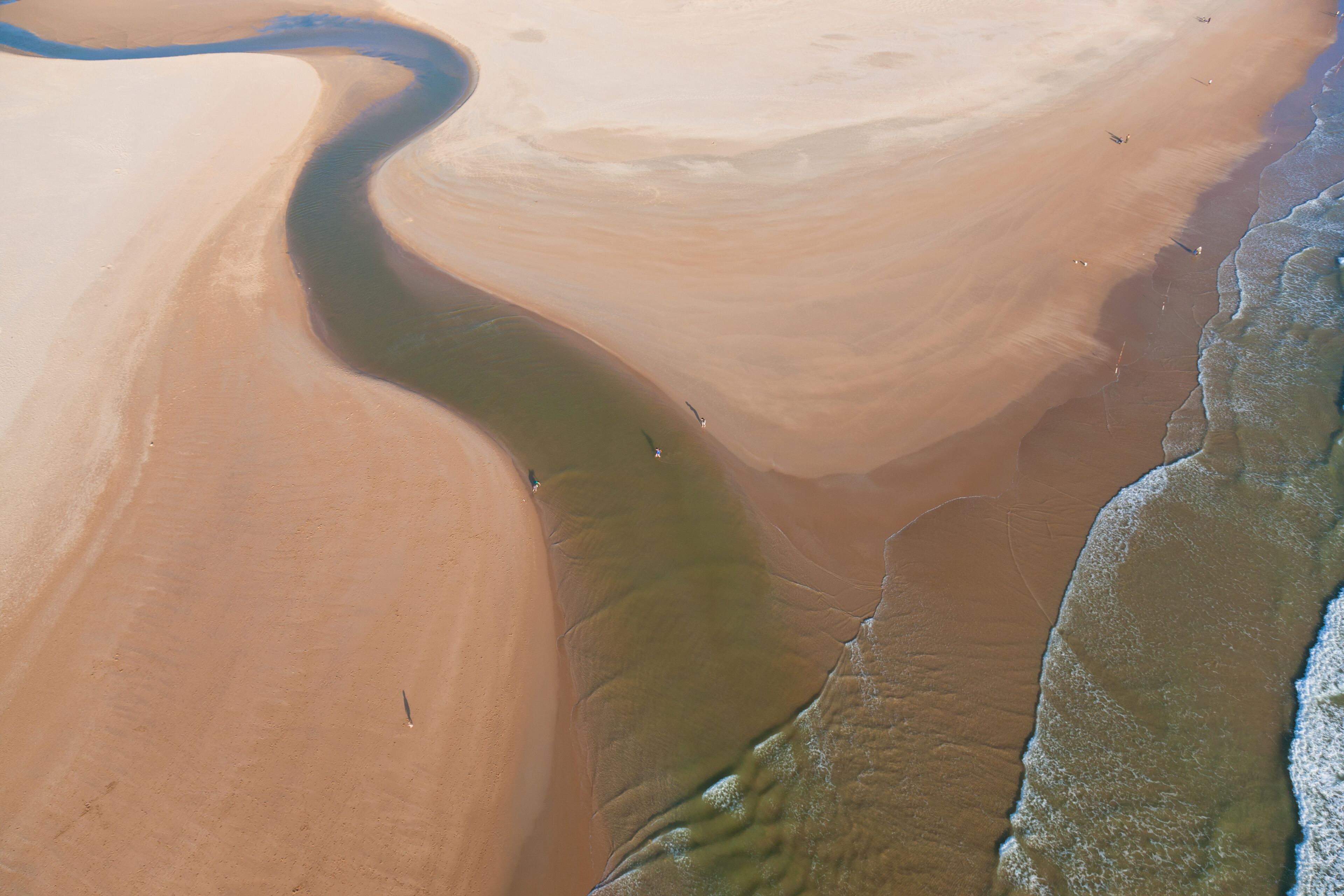 A river winding through a desert landscape with sand dunes and a coastline.