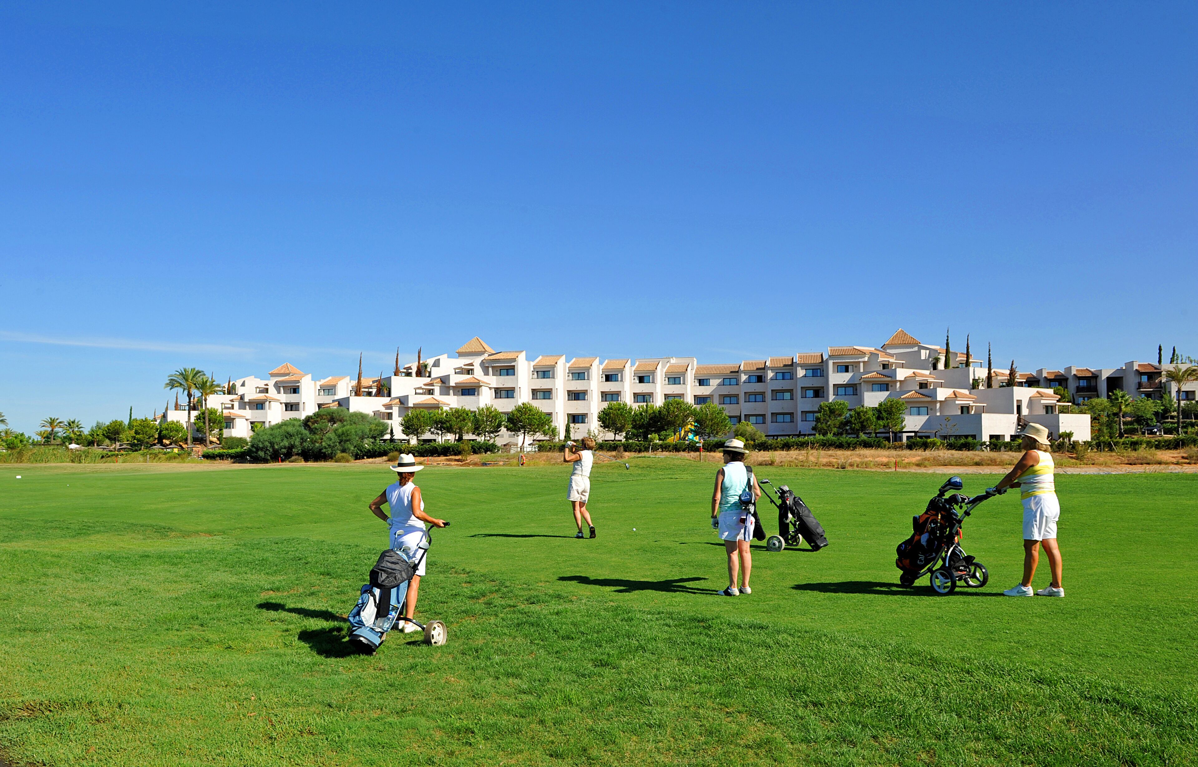 Um campo de golfe com jogadores, um carrinho de bebê e uma bolsa de golfe.