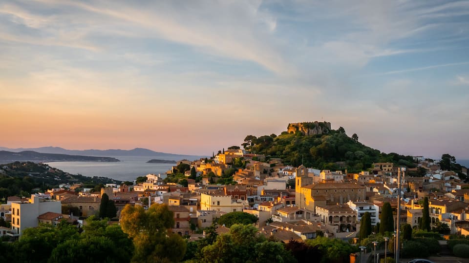 panorama of Begur old town and castle at sunset (Costa Brava - Girona - Spain)