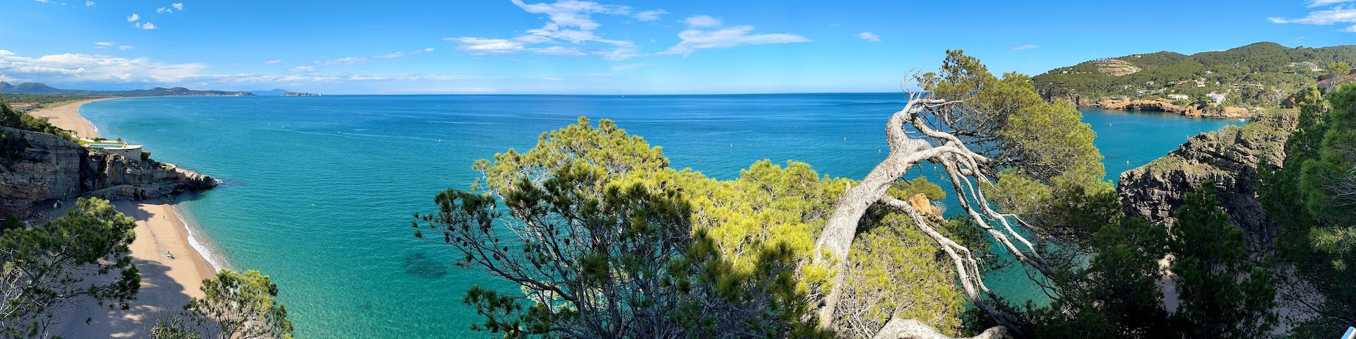 panoramic view from the famous Camí de Ronda hike trail towards the Mediterranean Sea along the coast of the Costa Brava between Pals and Sa Riera, Begur, Catalonia, Girona, Spain