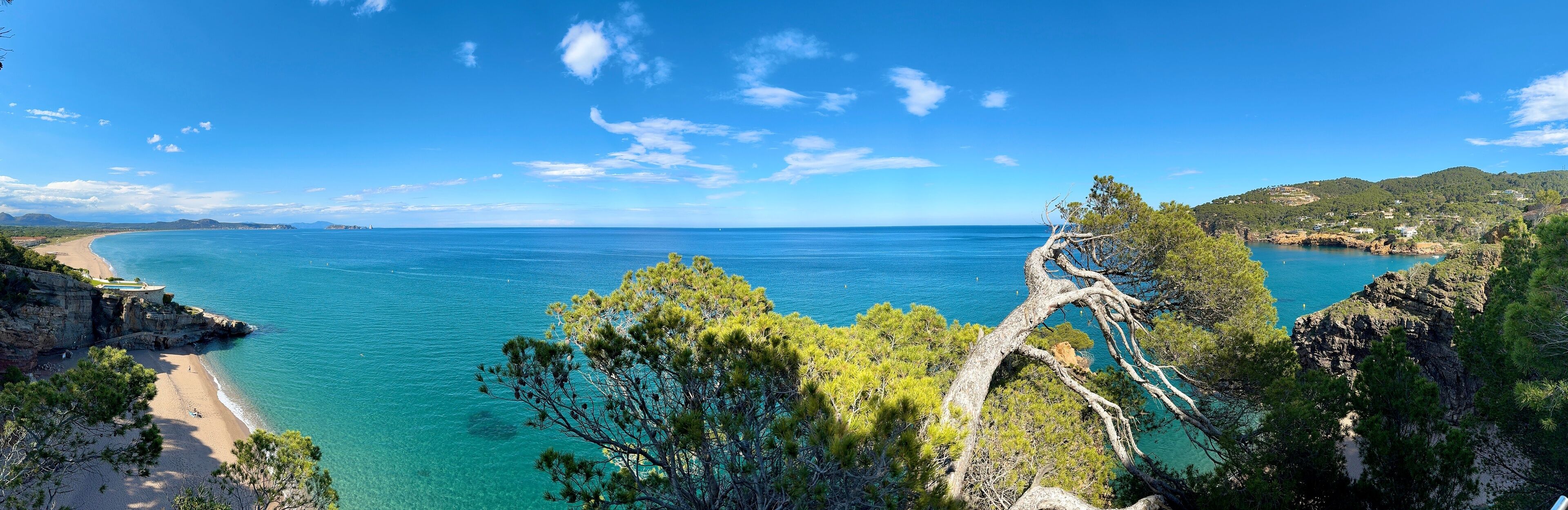 A coastal landscape with clear turquoise waters, a sandy beach, and rocky cliffs with pine trees.