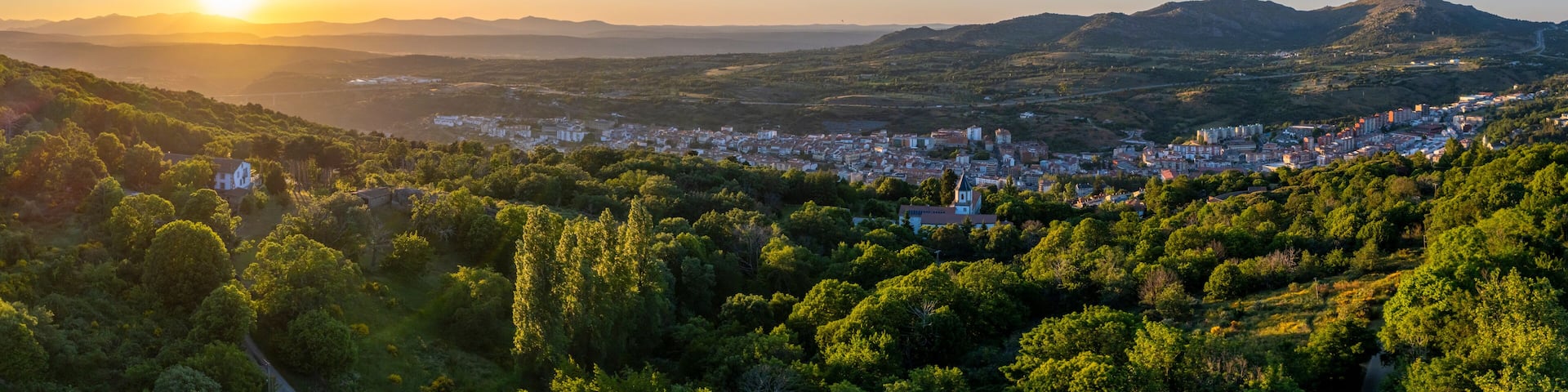 Aerial views of the sunset of the city of Bejar, in the province of Salamanca during a sunny spring day