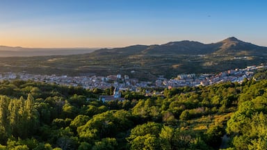 Aerial views of the sunset of the city of Bejar, in the province of Salamanca during a sunny spring day