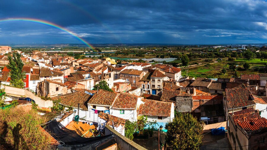 Aerial view of Calahorra with a rainbow