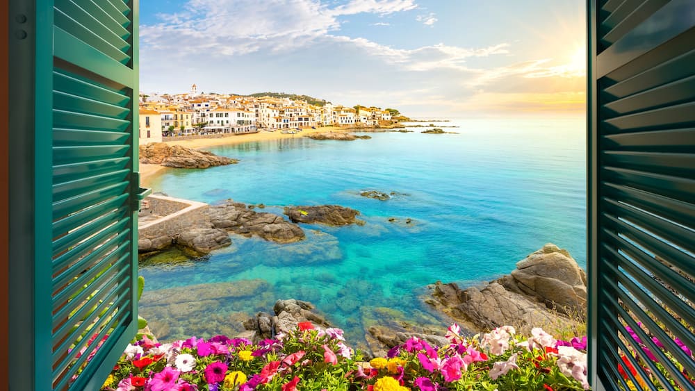 A coastal town with colorful flowers in the foreground, clear blue waters, and buildings on a hillside.