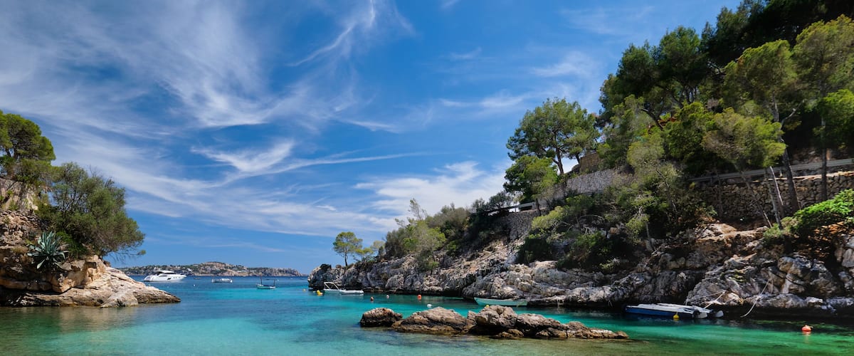 Picturesque beach Calo de ses Llises panoramic image, Calvia, Mallorca Island, Baleares, Spain