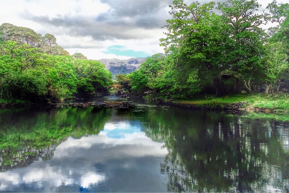 A river with dense green foliage on both sides, a stone bridge in the middle, and a mountain range in the background.