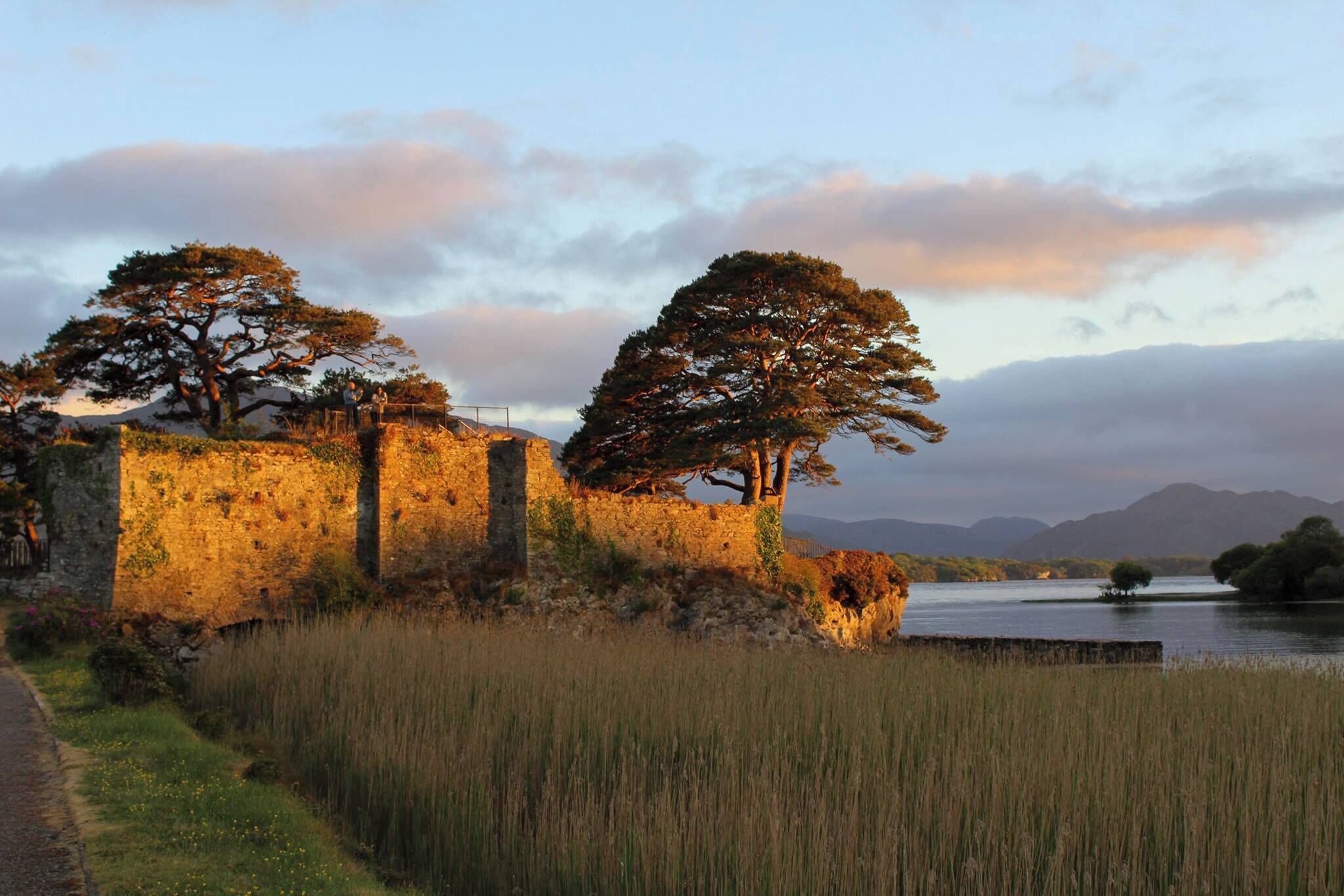 A stone wall with trees and a lake.