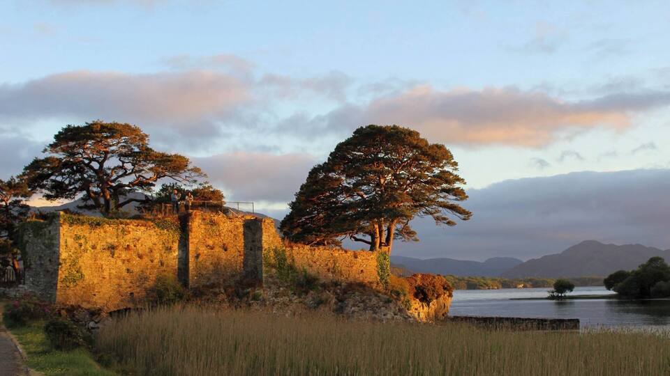 A stone wall with trees and a lake.