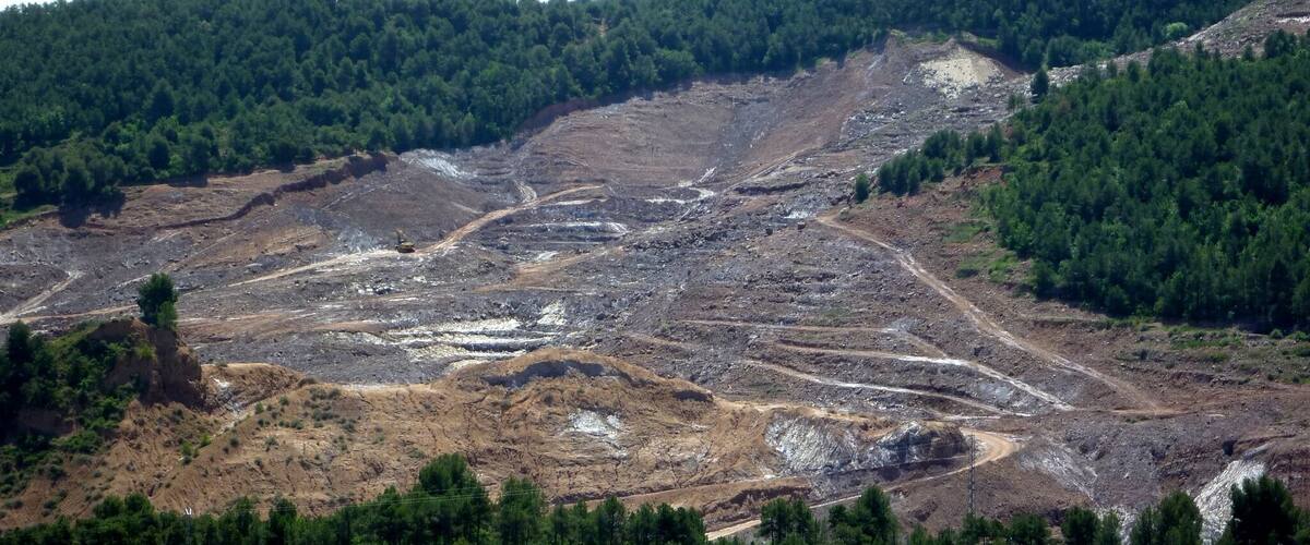 A deforested area with exposed earth and sparse vegetation.