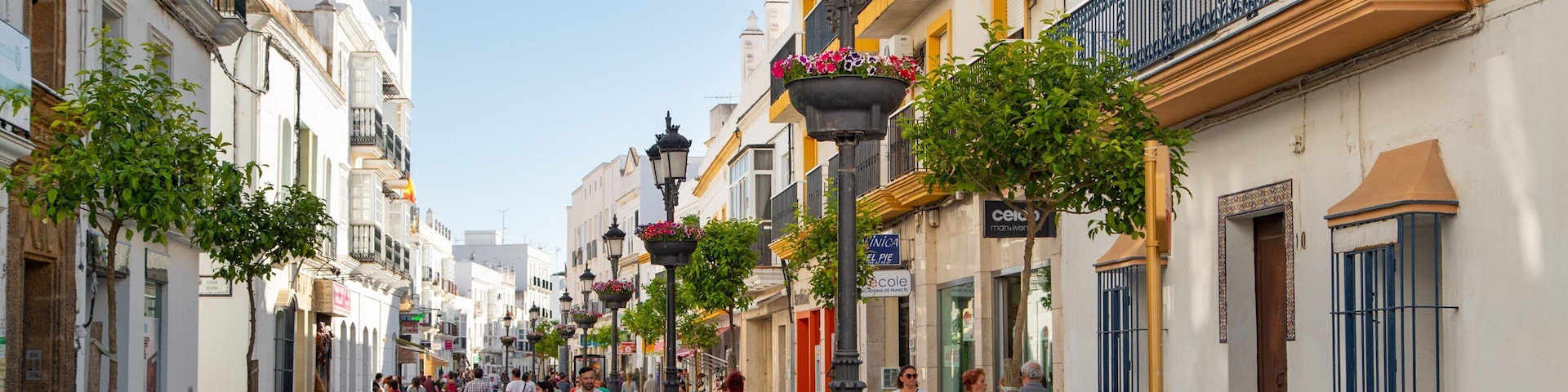 A bustling street lined with historic buildings, pedestrians, and decorative street lamps.