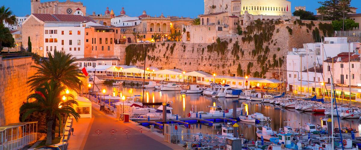 Ciutadella Menorca marina Port sunset town hall and cathedral