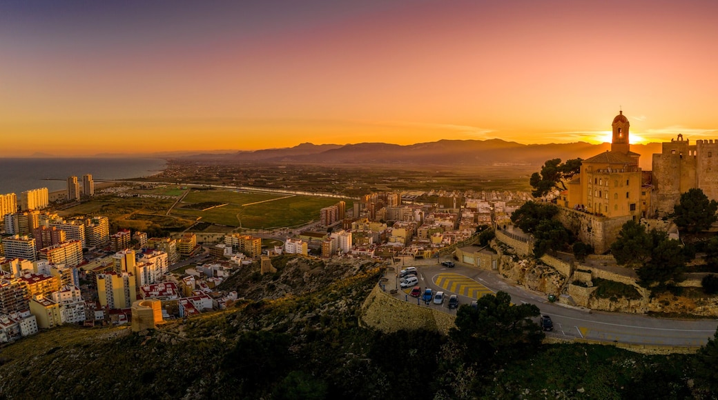 Cullera castle and church on a hilltop overlooking the popular summer resort town and the Mediterranean in Spain