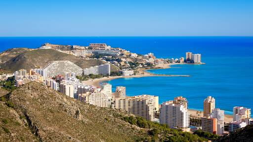 Cullera beach aerial with skyline of village in Mediterranean Valencia of Spain; Shutterstock ID 412154962; Purchase Order: -
