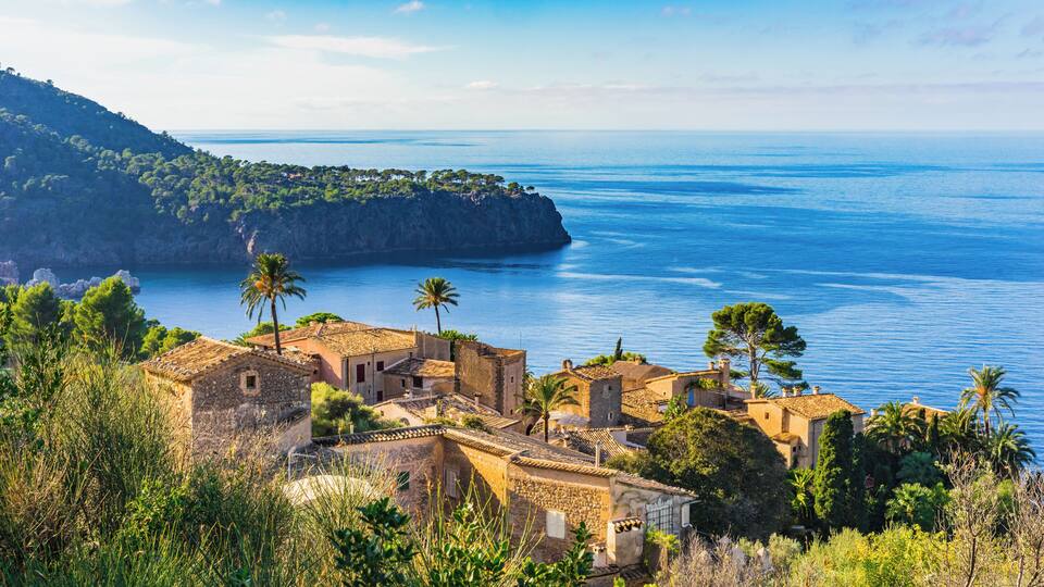 A coastal village with stone buildings and palm trees, overlooking a clear blue sea and a rocky cliff.