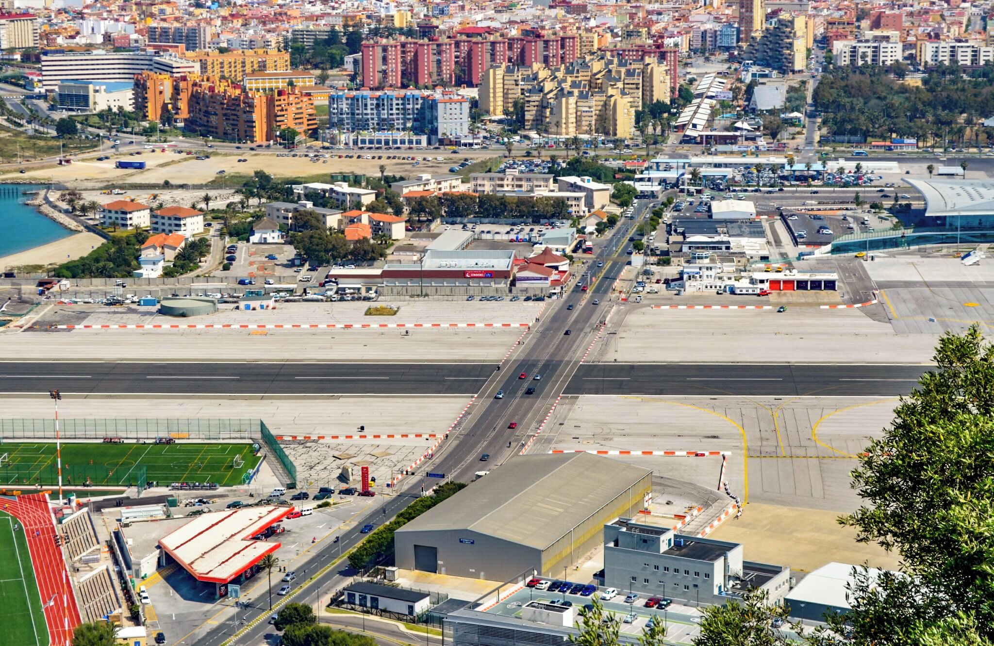 Gibraltar runway crossing the road next to the boarder control with Spain.