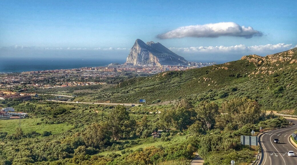 Standing in Spain, looking towards the Rock of Gibraltar.