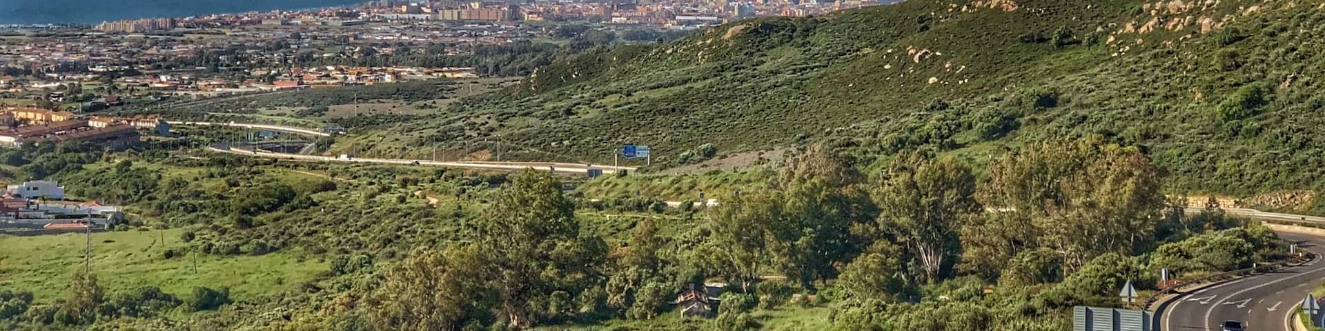 Standing in Spain, looking towards the Rock of Gibraltar.