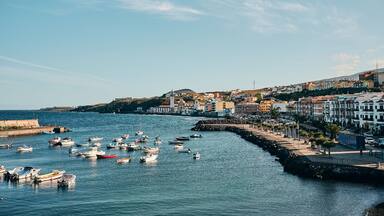 A coastal town with boats docked along the waterfront, a promenade, and buildings in the background.