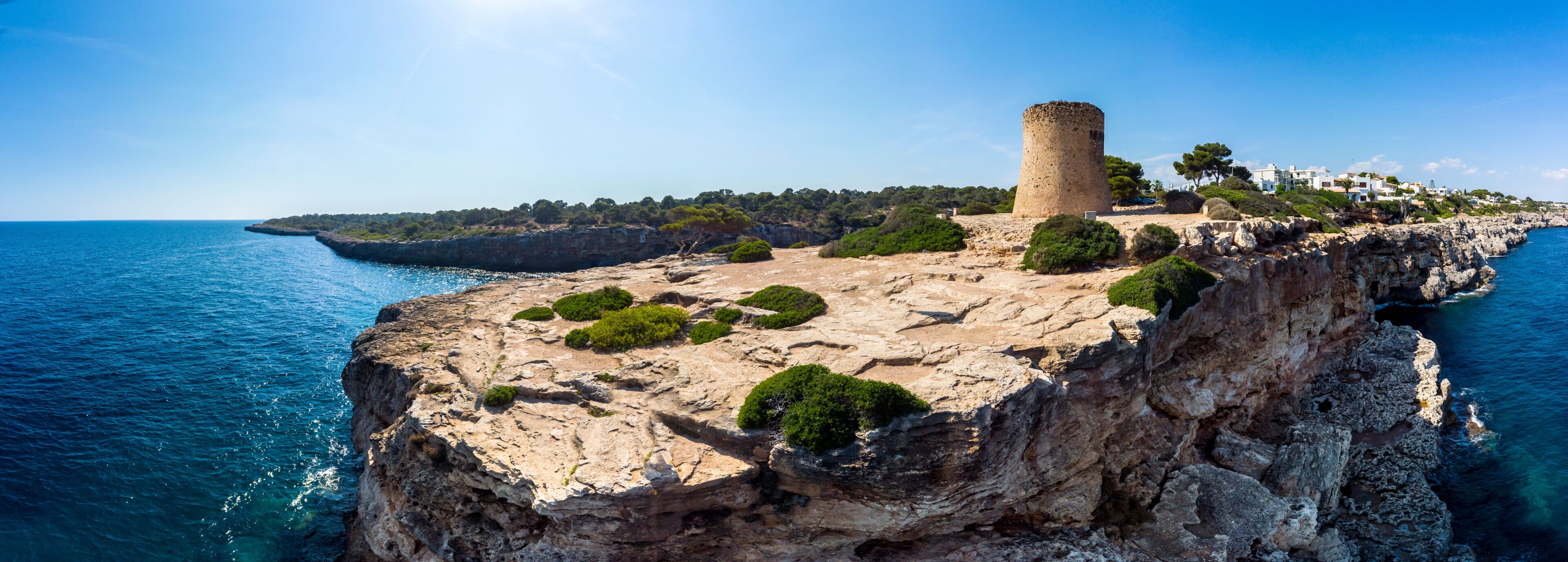 Aerial view, Cala Pi bay, beach and rocky coast, Torre de Cala Pi, Llucmajor municipality, Mallorca, Balearic Islands, Spain