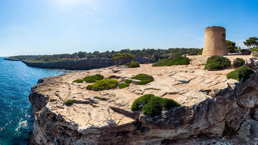 Aerial view, Cala Pi bay, beach and rocky coast, Torre de Cala Pi, Llucmajor municipality, Mallorca, Balearic Islands, Spain