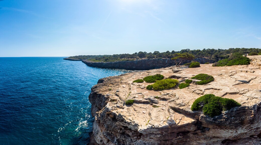 Aerial view, Cala Pi bay, beach and rocky coast, Torre de Cala Pi, Llucmajor municipality, Mallorca, Balearic Islands, Spain