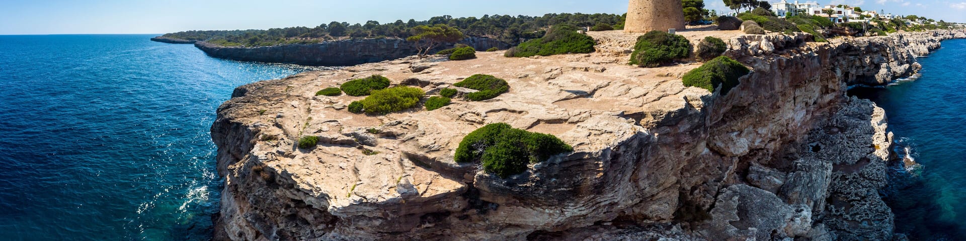 Aerial view, Cala Pi bay, beach and rocky coast, Torre de Cala Pi, Llucmajor municipality, Mallorca, Balearic Islands, Spain
