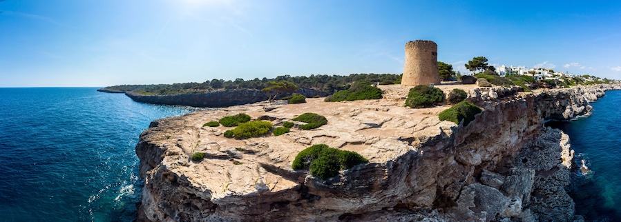 Aerial view, Cala Pi bay, beach and rocky coast, Torre de Cala Pi, Llucmajor municipality, Mallorca, Balearic Islands, Spain