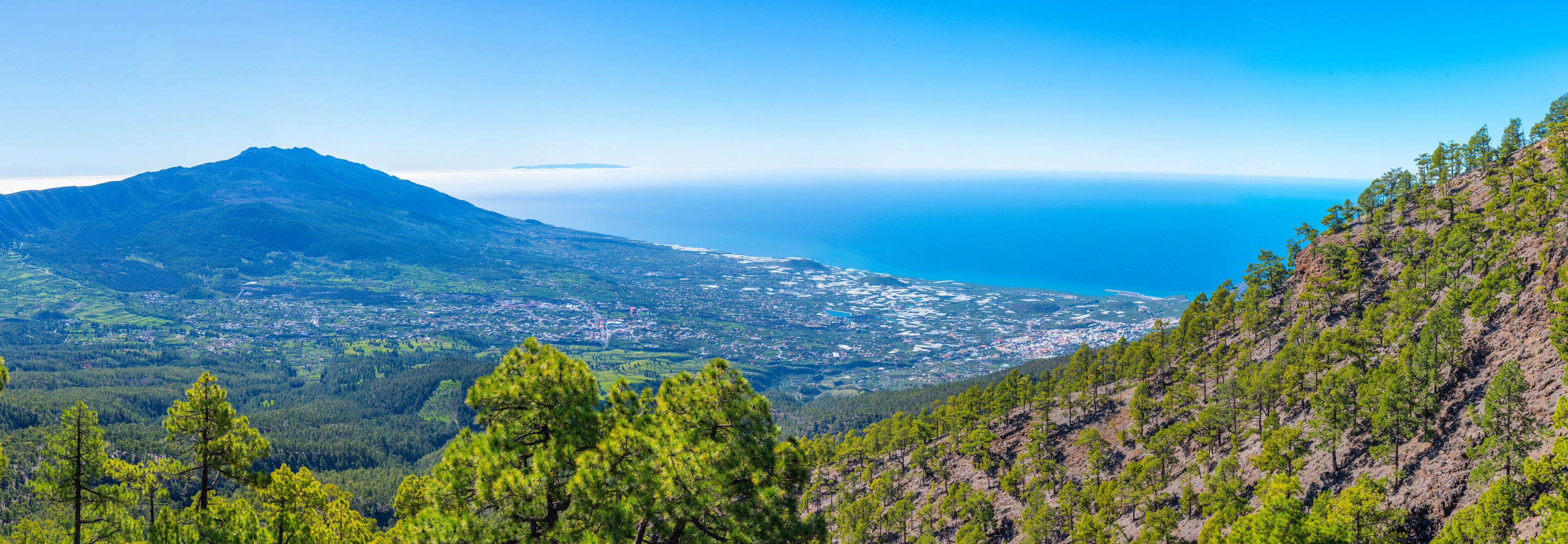 Aerial view of La Palma from hiking trail to Pico Bejenado, Canary islands, Spain.