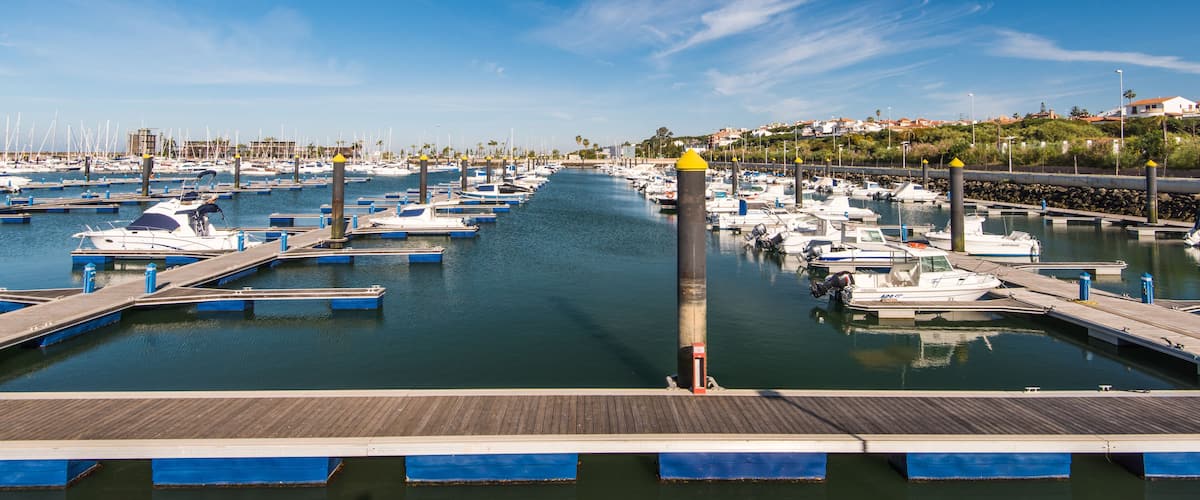 A marina with numerous boats docked, a wooden pier, and a clear blue sky.